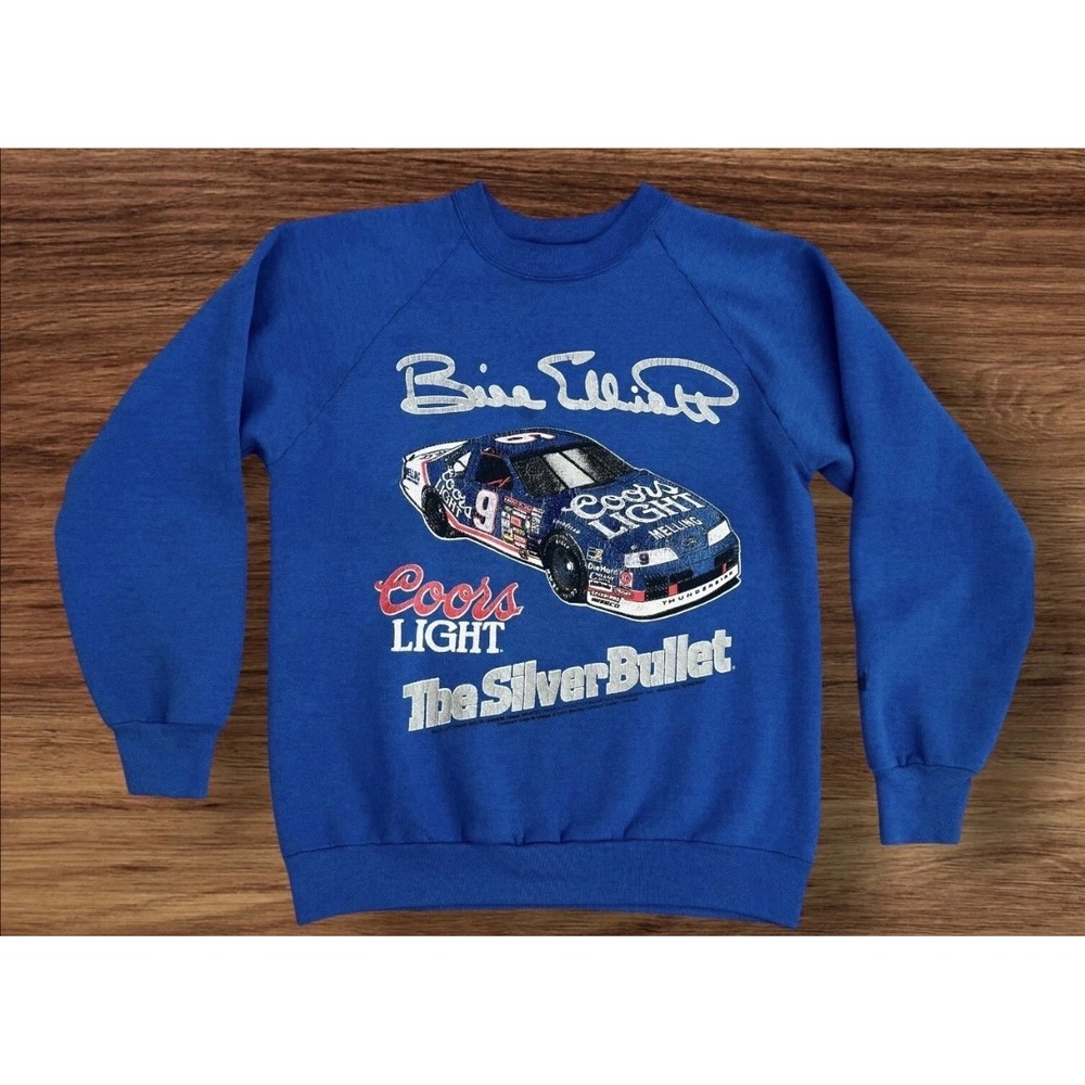 Vtg Bill Elliott Sweatshirt Mens L Coors Light Silver Bullet NASCAR Blue 2 Sided